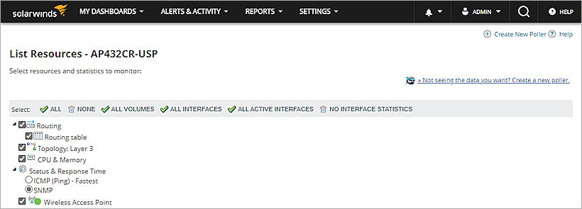 Screen shot of the List Resources page in SolarWinds